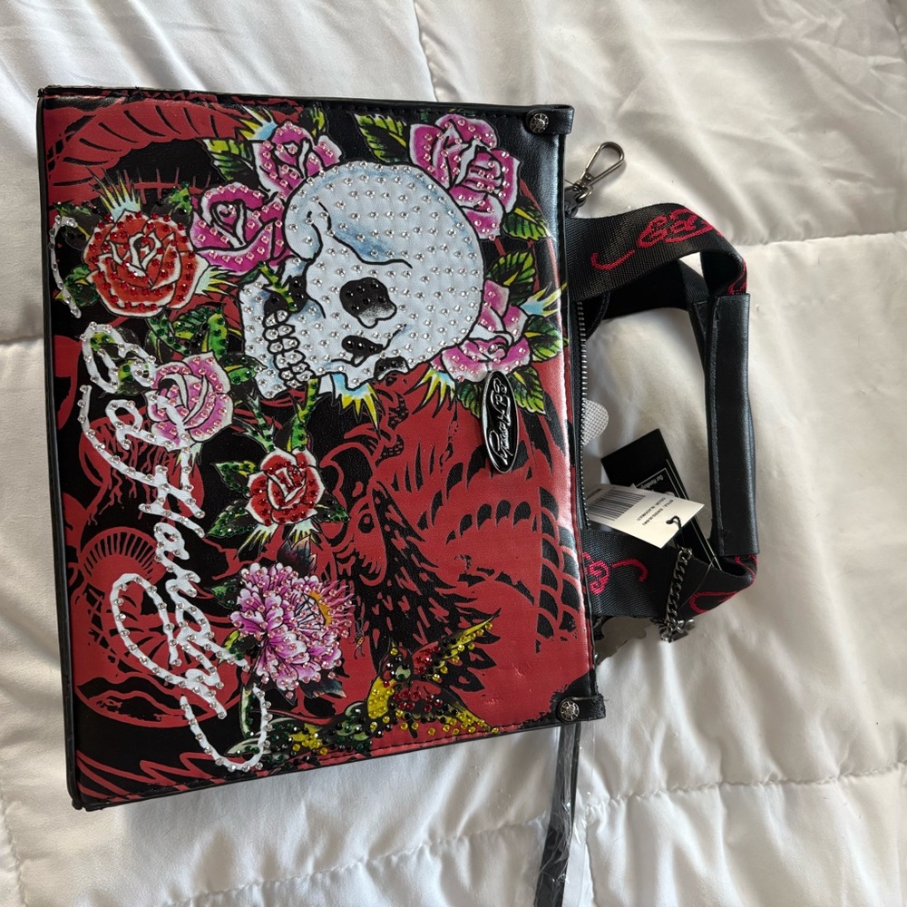 Ed Hardy Black and Red Skull Floral Crossbody Bag